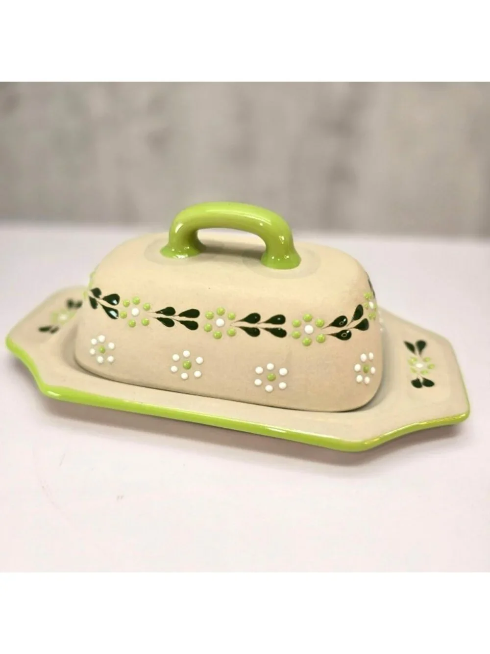 Vintage Ceramic Butter Dish & Lid With Green Floral Design Hand-Painted CM2352